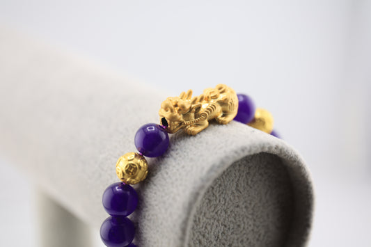 Round Amethyst Gemstone Stretch Bracelet with 3D Gold Plated Drago