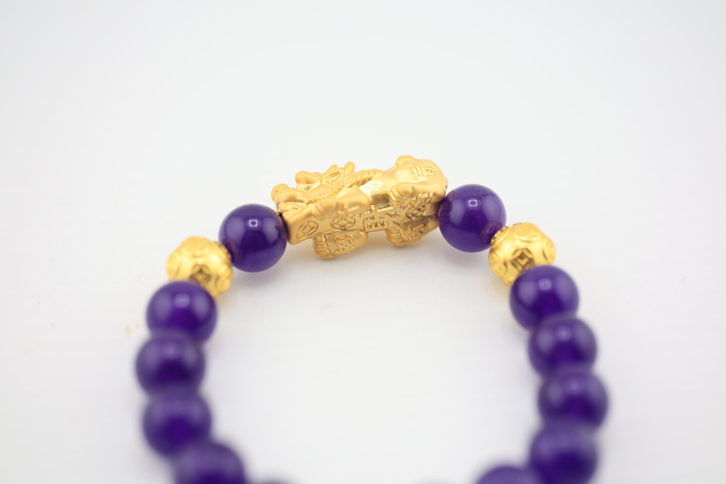 Round Amethyst Gemstone Stretch Bracelet with 3D Gold Plated Drago
