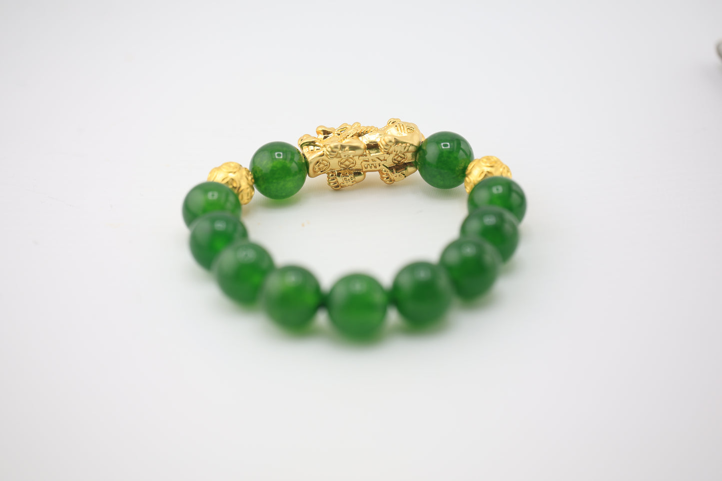 14mm Round Jade Gemstone Stretch Bracelet with 3D Gold Plated Drago