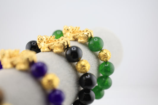 14mm Round Jade Gemstone Stretch Bracelet with 3D Gold Plated Drago