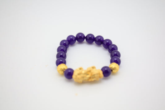 Round Amethyst Gemstone Stretch Bracelet with 3D Gold Plated Drago