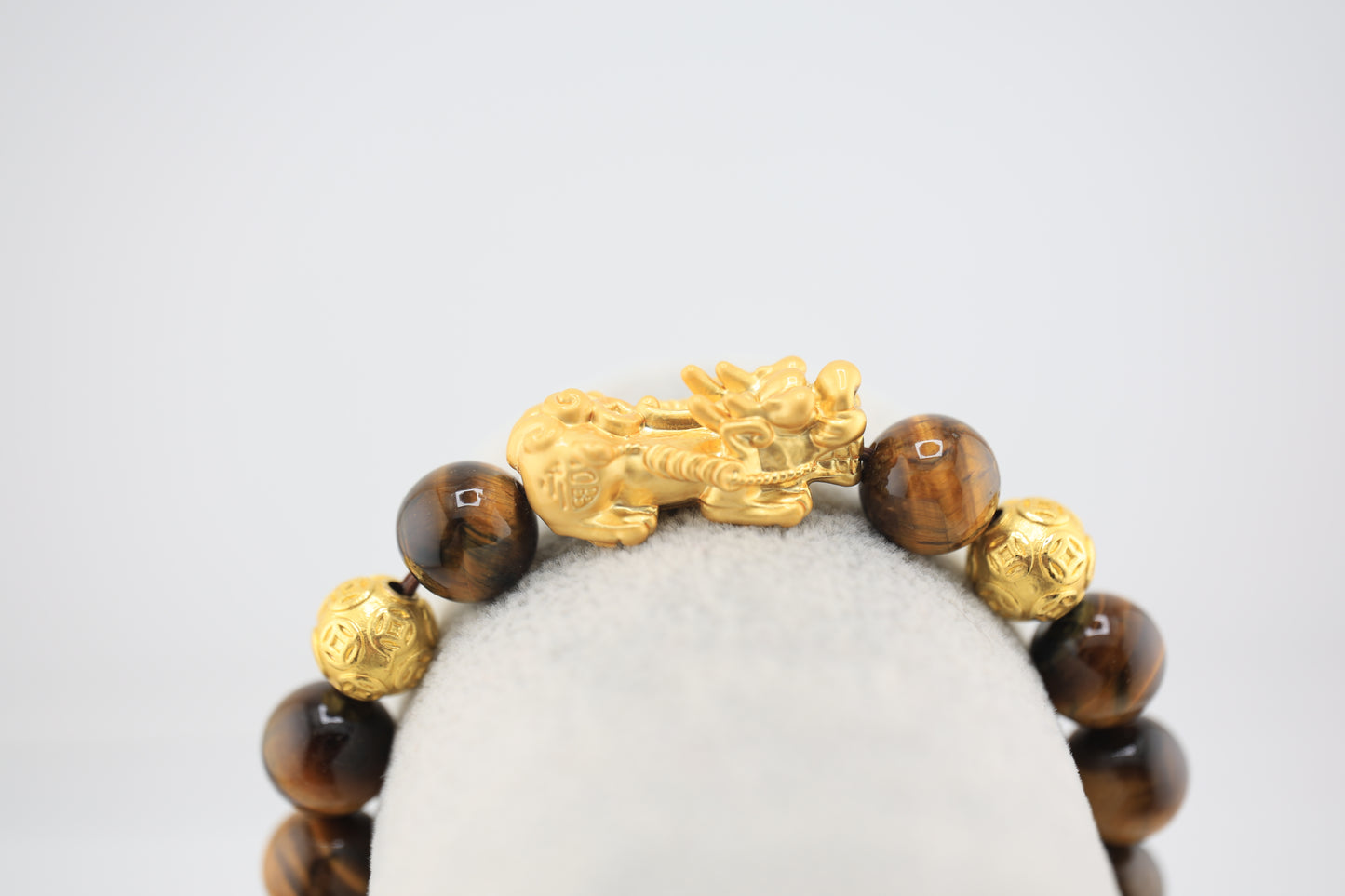 Round Tiger's Eye Gemstone Stretch Bracelet with 3D Gold Plated Dragon