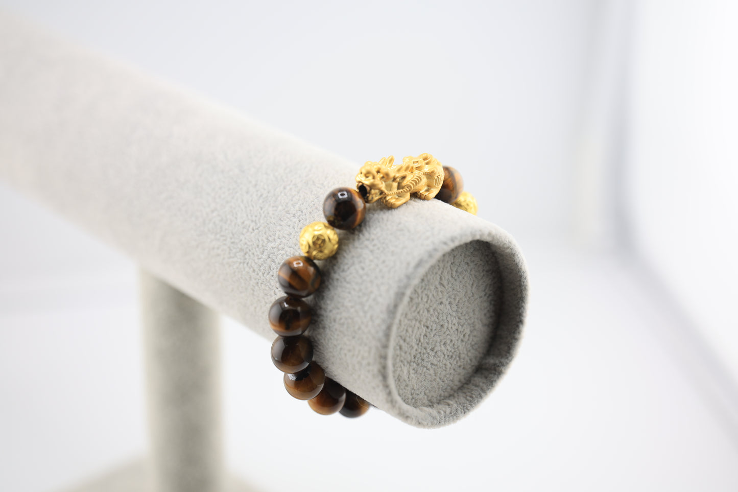 Round Tiger's Eye Gemstone Stretch Bracelet with 3D Gold Plated Dragon