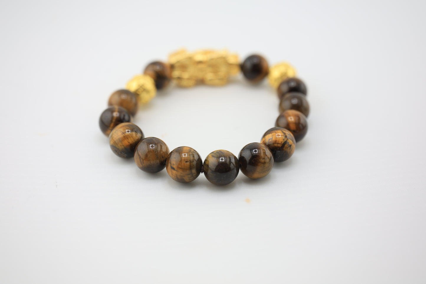 Round Tiger's Eye Gemstone Stretch Bracelet with 3D Gold Plated Dragon
