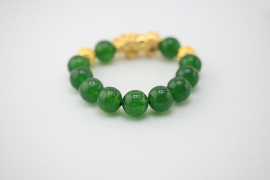 14mm Round Jade Gemstone Stretch Bracelet with 3D Gold Plated Drago
