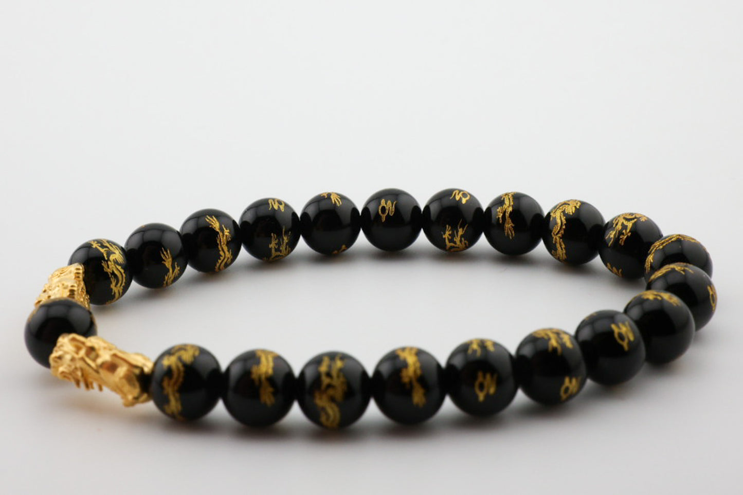 8mm Carved Dragon Black Agate with Dragon Charm Bracelet