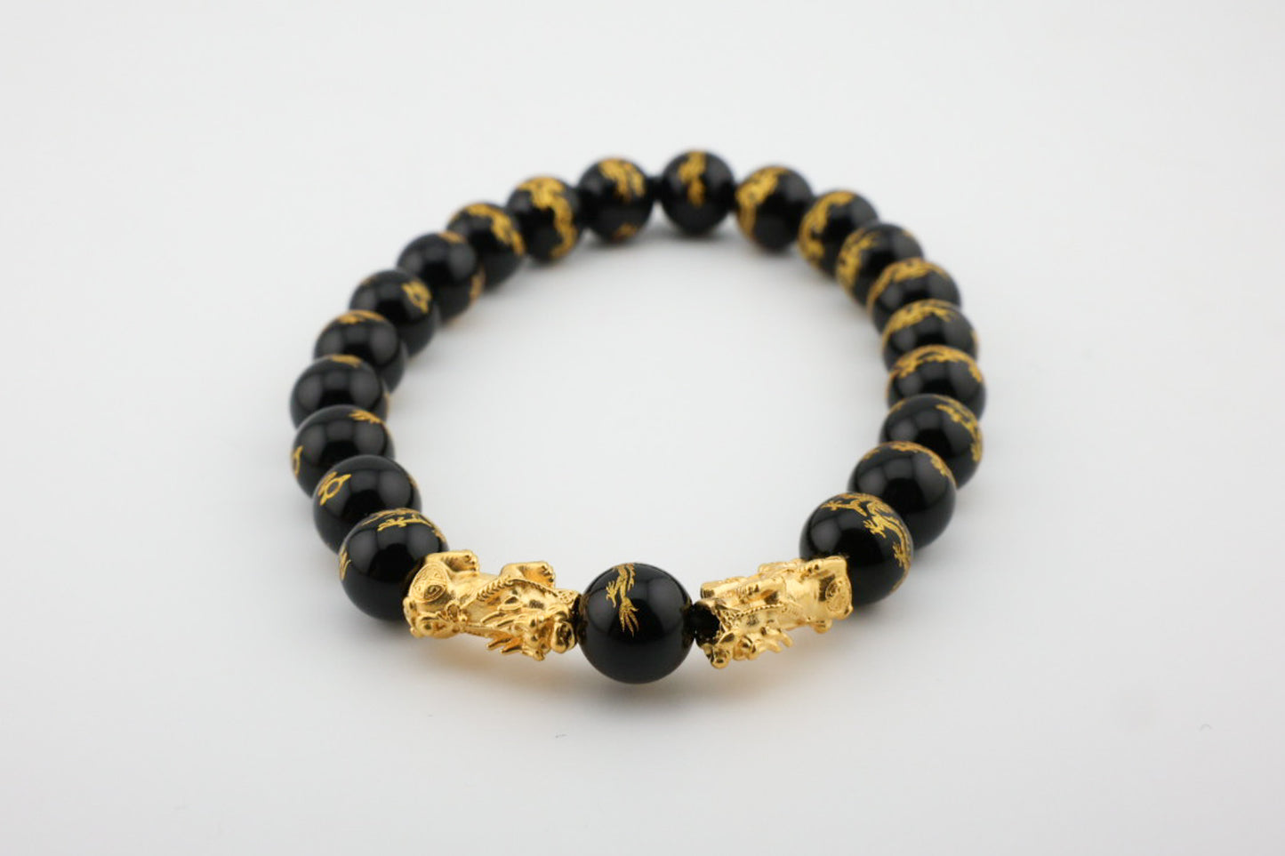 8mm Carved Dragon Black Agate with Dragon Charm Bracelet